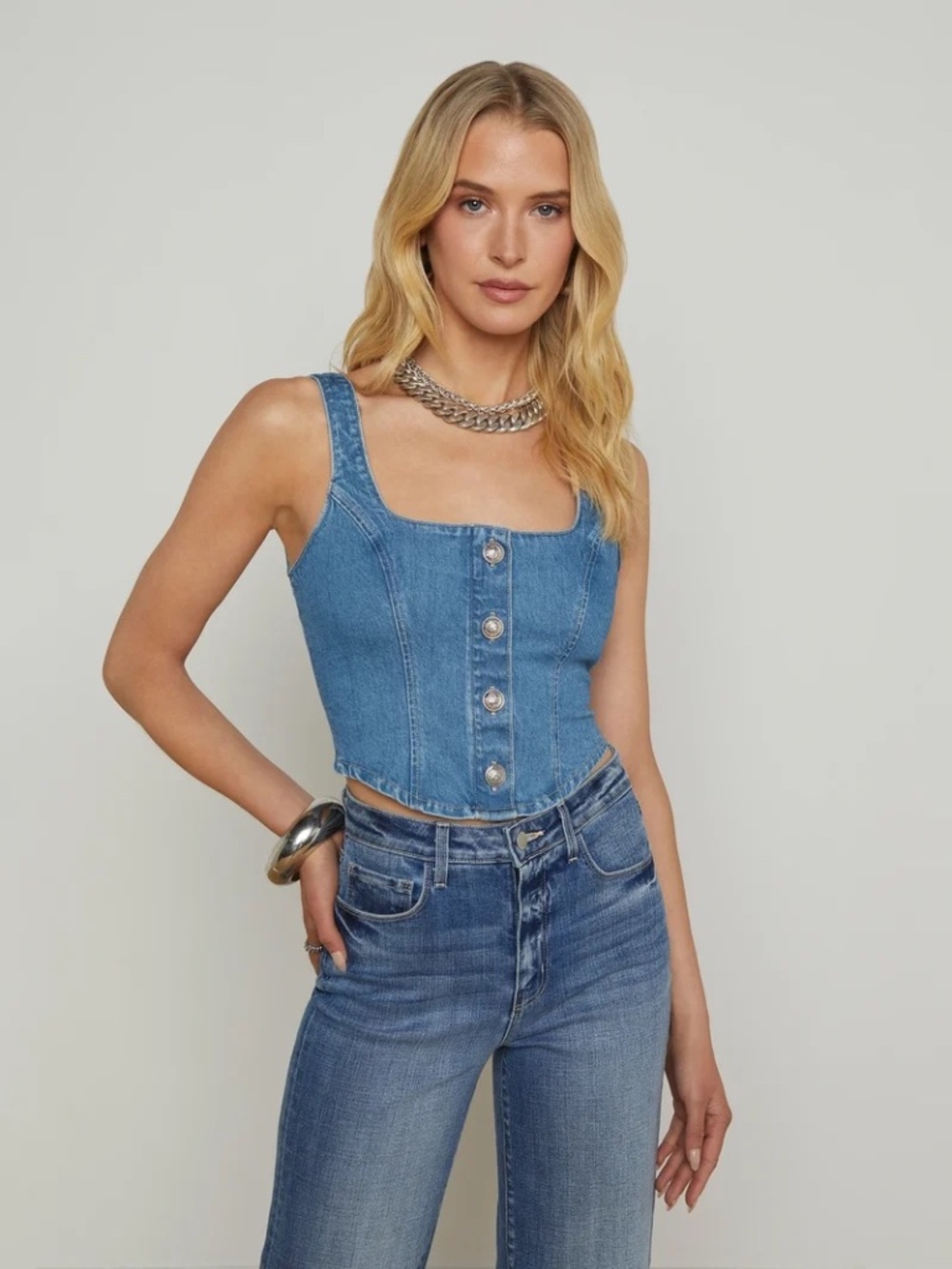 LโAGENCE SAGA Denim Button Front Tank Cropped